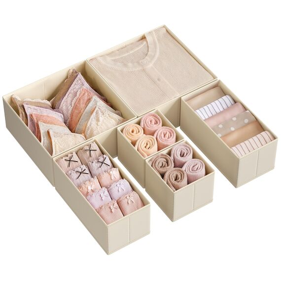 SONGMICS Aufbewahrungsbox für Schublade, 6er Set, Schubladen Organizer, Faltbox, Unterwäsche Organizer, Stoffbox für Socken, Unterwäsche, BHs, Krawatten und Schals, sandbeige RDZ006Y01