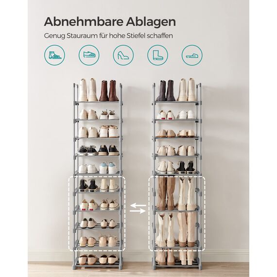SONGMICS Schuhregal mit 10 Ebenen, offener Schuhschrank hoch, Schuhständer schmal, Schuhaufbewahrung, aus Metall, platzsparend, für Ankleidezimmer, Flur, 30 x 45 x 174 cm, grau LSA025G02