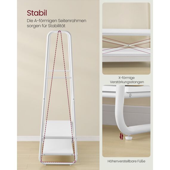 VASAGLE Kleiderständer, Garderobenständer, Garderobe, 2 Ablagen, 6 Haken in S-Form, Stahlgestell, 45 x 100 x 160 cm, für Schlafzimmer, Flur, Eingangsbereich, wolkenweiß-mattweiß RGR112W02