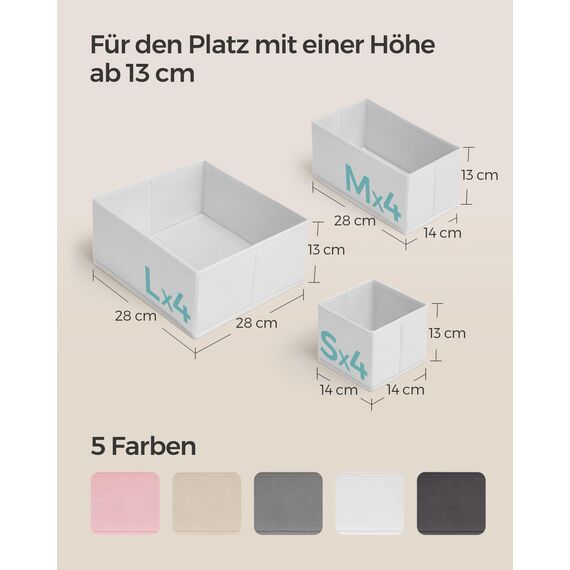 SONGMICS Aufbewahrungsbox für Schublade, 12er Set, Schubladen Organizer, Faltbox, Unterwäsche Organizer, Stoffbox für Socken, Unterwäsche, BHs, Krawatten und Schals, wolkenweiß RDZ006W02