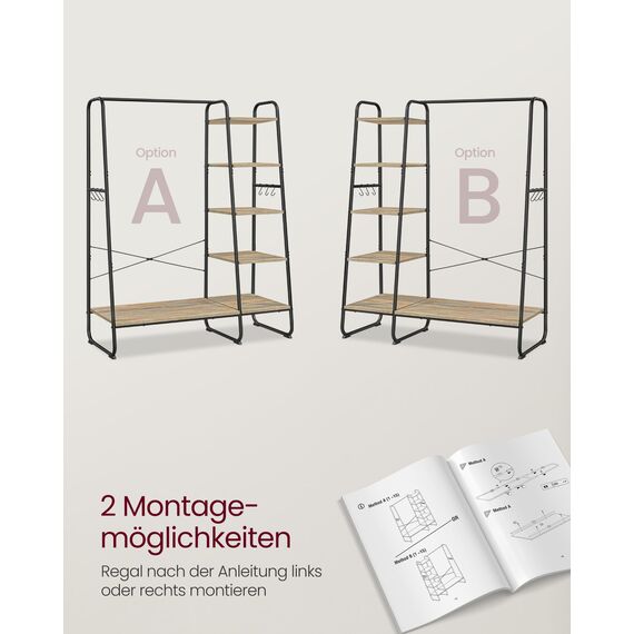 VASAGLE Kleiderständer, Garderobenständer, 45 x 120 x 160 cm Garderobe, Kleiderstange, Schuhablage, offener Kleiderschrank, 6 Haken abnehmbar, Schlafzimmer Flur, türkisbraun-Mattschwarz RGR116K01