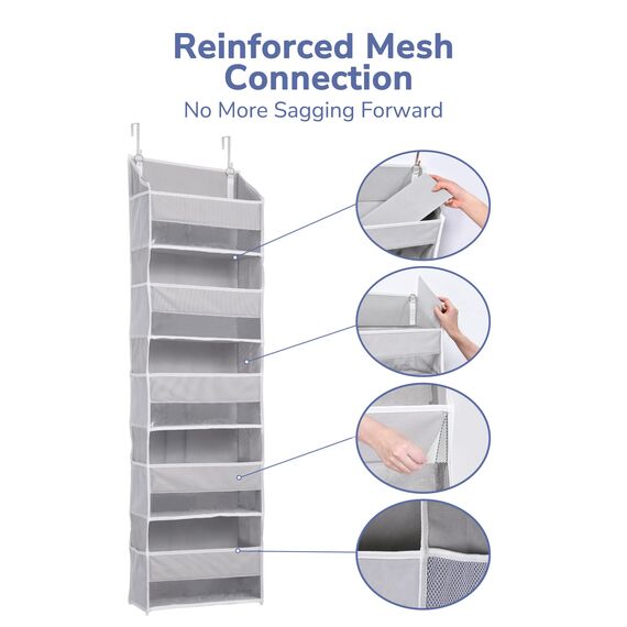 ULG Tür-Organizer, 5 große Taschen, 10 Mesh-Taschen, 20 kg Tragkraft, Hängender Organizer für Spielzeug, Schuhe, Windeln, Grau, 5 Ebenen