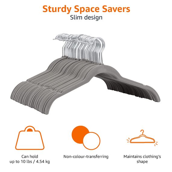 Amazon Basics Kleiderbügel für Hemd / Kleid, mit Samt überzogen 30er-Pack, Grau