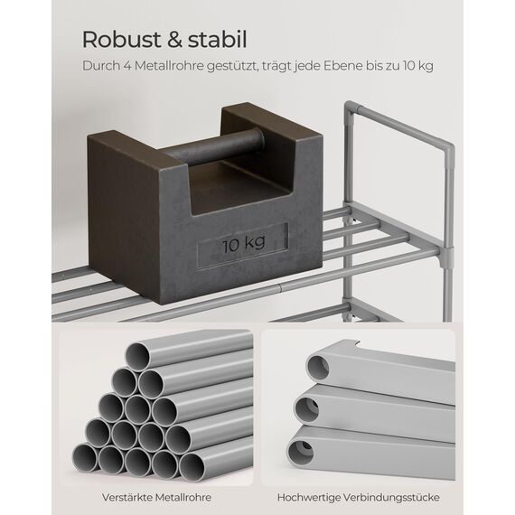 SONGMICS Schuhregal mit 10 Ebenen, offener Schuhschrank hoch, Schuhständer schmal, Schuhaufbewahrung, aus Metall, platzsparend, für Ankleidezimmer, Flur, 30 x 45 x 174 cm, grau LSA025G02