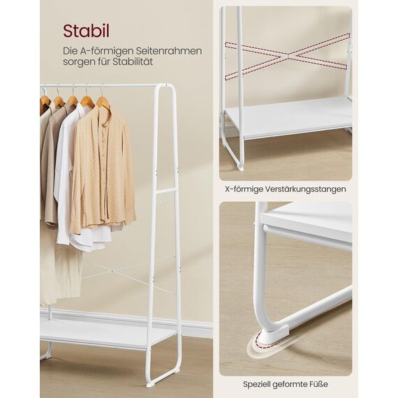 VASAGLE Kleiderständer, Garderobenständer, 45 x 120 x 160 cm Garderobe, Kleiderstange, Schuhablage, offener Kleiderschrank, 6 Haken abnehmbar, Schlafzimmer Flur, wolkenweiß-mattweiß RGR116W02