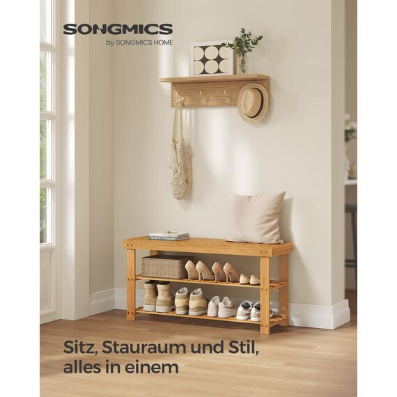 SONGMICS Bambus Schuhregal, Schuhschrank mit Sitzbank, Schuhbank mit 3 Ablagen 90 x 28 x 45 cm ideal für Wohnzimmer, Flur, Bad, Diele, LBS90N