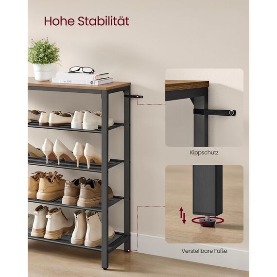VASAGLE Schuhregal, Schuhablage mit 4 Gitterebenen und großzügiger Oberfläche für Taschen, für den Eingangsbereich, Flur, Metall, Industrie-Design, honigbraun-tintenschwarz LBS015K01