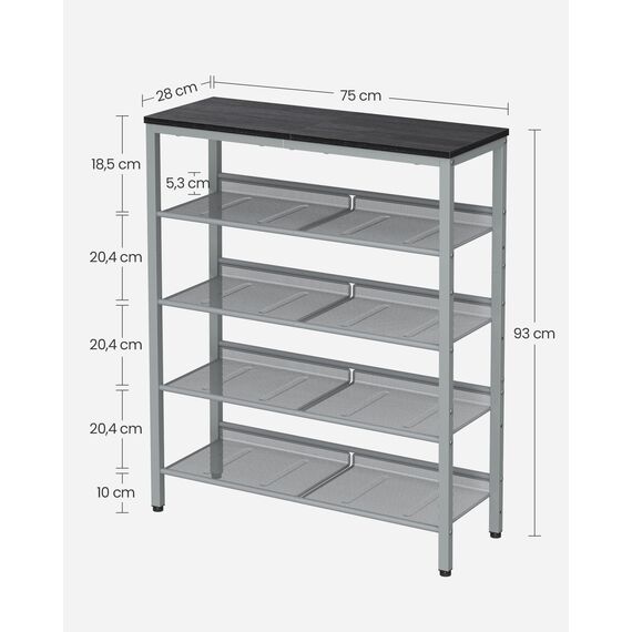 VASAGLE Schuhregal, Schuhablage, 5 Ebenen, große Oberfläche, verstellbare Gitterablagen, platzsparend für Eingangsbereich Flur, Metall, Industrie-Stil, anthrazitgrau-metallisches Silber LBS038E22