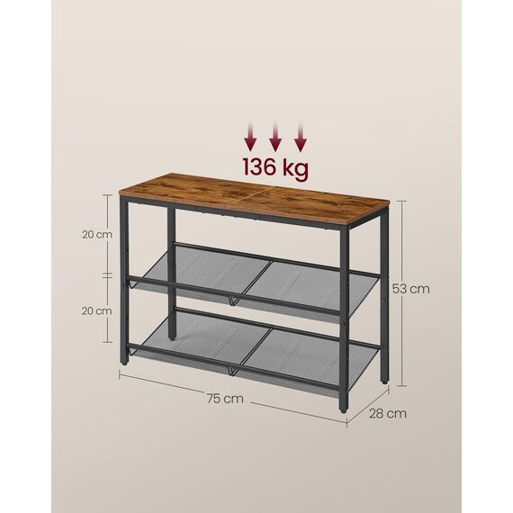 VASAGLE Schuhregal, Schuhablage, 3 Ebenen, große Oberfläche, verstellbare Gitterablagen, platzsparend für Eingangsbereich Flur, Metall, Industrie-Stil, vintagebraun-tintenschwarz LBS043KD01