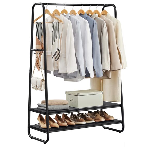 VASAGLE Kleiderständer, Garderobenständer, Garderobe, 2 Ablagen, 6 Haken in S-Form, Stahlgestell, 45 x 100 x 160 cm, für Schlafzimmer, Flur, Eingangsbereich, ebenholzschwarz-mattschwarz RGR112B03