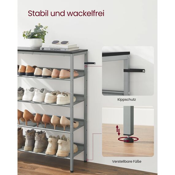 VASAGLE Schuhregal, Schuhablage, 5 Ebenen, große Oberfläche, verstellbare Gitterablagen, platzsparend für Eingangsbereich Flur, Metall, Industrie-Stil, anthrazitgrau-metallisches Silber LBS038E22