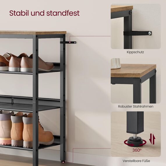VASAGLE Schuhregal, Schuhablage, 4 Ebenen, große Oberfläche, verstellbare Gitterablagen, platzsparend für Eingangsbereich Flur, Metall, Industrie-Stil, honigbraun-tintenschwarz LBS040K01