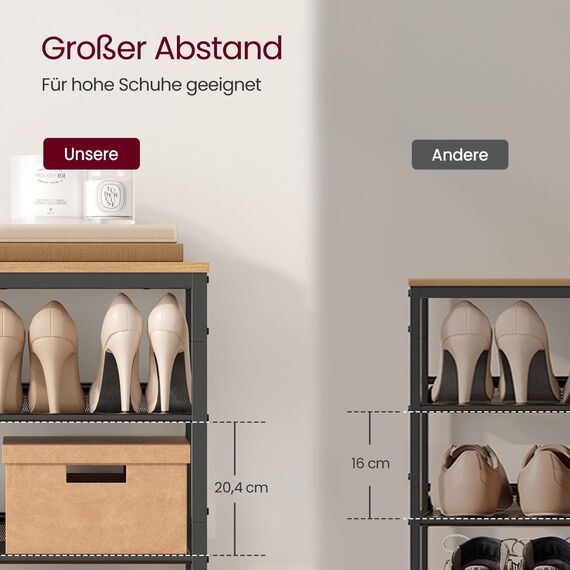 VASAGLE Schuhregal, Schuhablage, 4 Ebenen, große Oberfläche, verstellbare Gitterablagen, platzsparend für Eingangsbereich Flur, Metall, Industrie-Stil, honigbraun-tintenschwarz LBS040K01