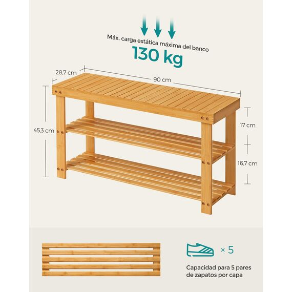 SONGMICS Bambus Schuhregal, Schuhschrank mit Sitzbank, Schuhbank mit 3 Ablagen 90 x 28 x 45 cm ideal für Wohnzimmer, Flur, Bad, Diele, LBS90N