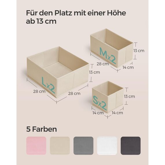 SONGMICS Aufbewahrungsbox für Schublade, 6er Set, Schubladen Organizer, Faltbox, Unterwäsche Organizer, Stoffbox für Socken, Unterwäsche, BHs, Krawatten und Schals, sandbeige RDZ006Y01