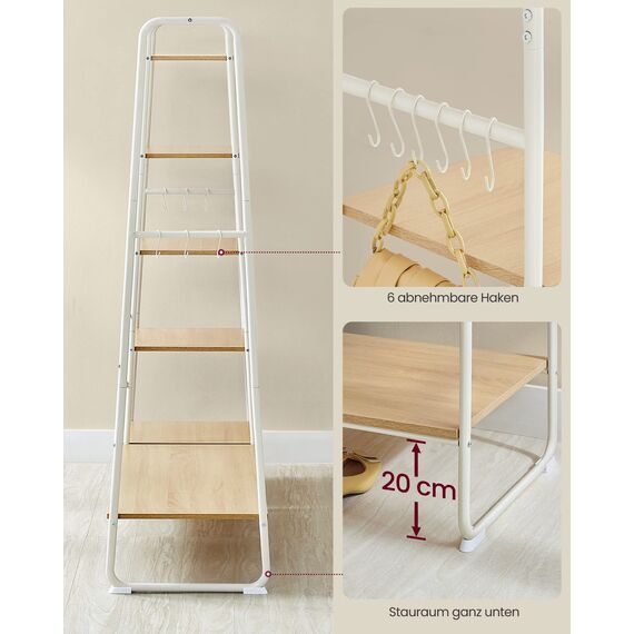 VASAGLE Kleiderständer, Garderobenständer, 45 x 120 x 160 cm Garderobe, Kleiderstange, Schuhablage, offener Kleiderschrank, 6 Haken abnehmbar, Schlafzimmer Flur, eichenfarben-mattweiß RGR116W09