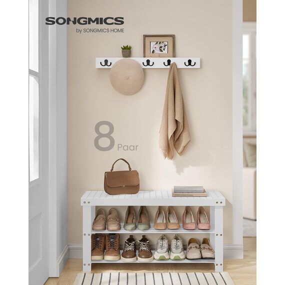 SONGMICS Schuhbank, Schuhregal mit 3 Ebenen, Schuhablage aus Bambus, bis 130 kg belastbar, 28,7 x 90 x 45,3 cm, für Flur, Badezimmer, Schlafzimmer, wolkenweiß LBS090W01