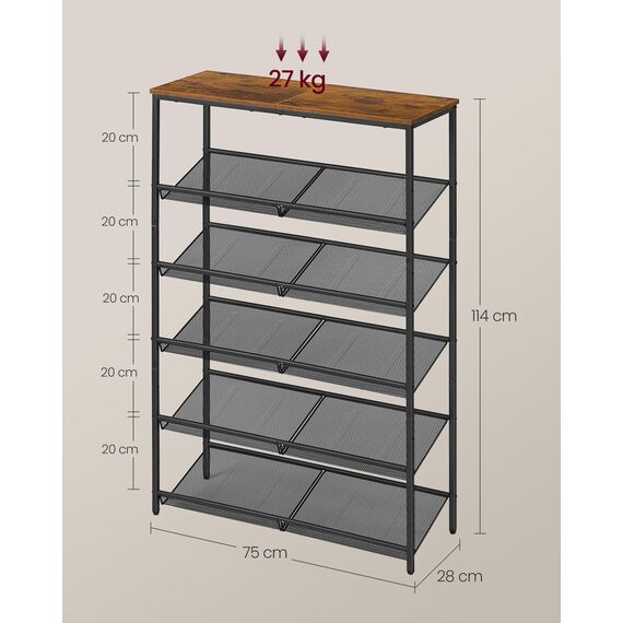 VASAGLE Schuhregal, Schuhablage, 6 Ebenen, große Oberfläche, verstellbare Gitterablagen, platzsparend für Eingangsbereich Flur, Metall, Industrie-Stil, vintagebraun-tintenschwarz LBS044KD01