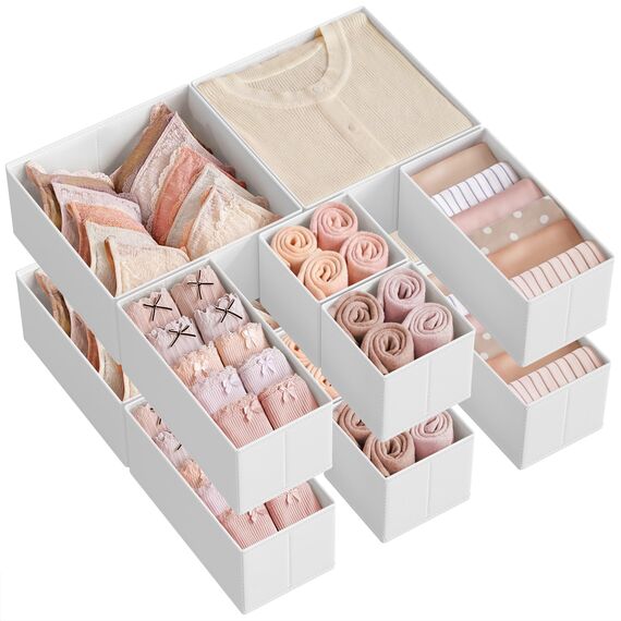SONGMICS Aufbewahrungsbox für Schublade, 12er Set, Schubladen Organizer, Faltbox, Unterwäsche Organizer, Stoffbox für Socken, Unterwäsche, BHs, Krawatten und Schals, wolkenweiß RDZ006W02