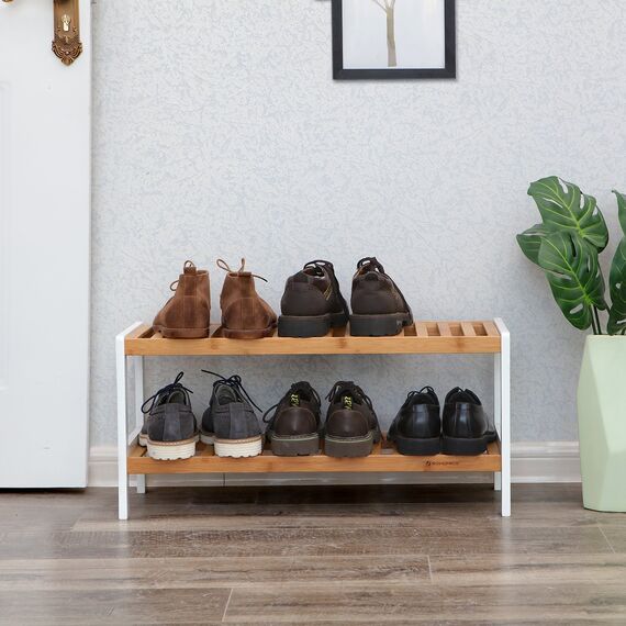 SONGMICS Schuhregal aus Bambus, Schuhablage mit 2 Ebenen, Schuh-Organizer, Regal für Schuhe, Pflanzen, Bücher, Wohnzimmer, Flur, Schlafzimmer, Badezimmer, 26 x 70 x 33 cm, weiß-naturfarben LBS02H