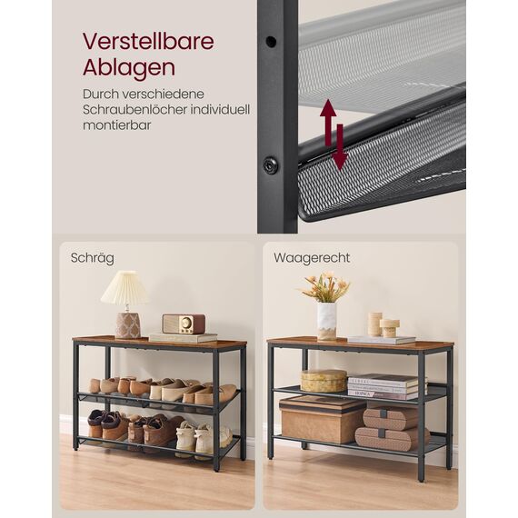 VASAGLE Schuhregal, Schuhablage, 3 Ebenen, große Oberfläche, verstellbare Gitterablagen, platzsparend für Eingangsbereich Flur, Metall, Industrie-Stil, vintagebraun-tintenschwarz LBS043KD01