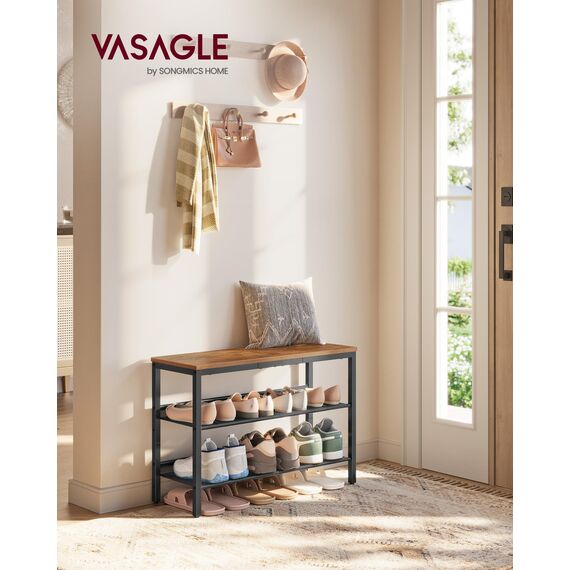 VASAGLE Schuhregal, Schuhablage, 3 Ebenen, große Oberfläche, verstellbare Gitterablagen, platzsparend für Eingangsbereich Flur, Metall, Industrie-Stil, vintagebraun-tintenschwarz LBS043KD01
