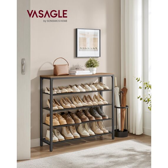 VASAGLE Schuhregal, Schuhablage mit 4 Gitterebenen und großzügiger Oberfläche für Taschen, für den Eingangsbereich, Flur, Metall, Industrie-Design, honigbraun-tintenschwarz LBS015K01