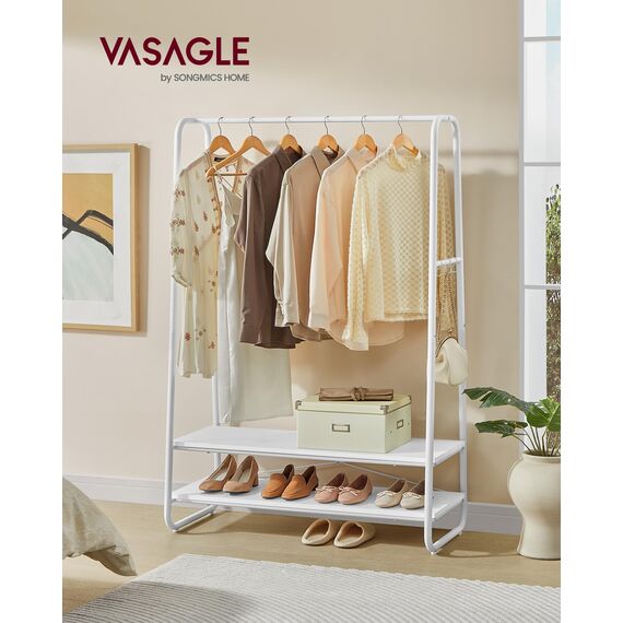 VASAGLE Kleiderständer, Garderobenständer, Garderobe, 2 Ablagen, 6 Haken in S-Form, Stahlgestell, 45 x 100 x 160 cm, für Schlafzimmer, Flur, Eingangsbereich, wolkenweiß-mattweiß RGR112W02