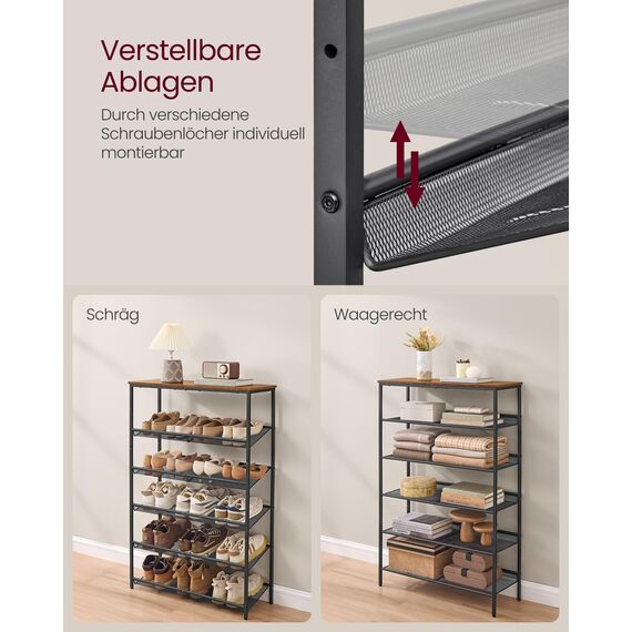 VASAGLE Schuhregal, Schuhablage, 6 Ebenen, große Oberfläche, verstellbare Gitterablagen, platzsparend für Eingangsbereich Flur, Metall, Industrie-Stil, vintagebraun-tintenschwarz LBS044KD01