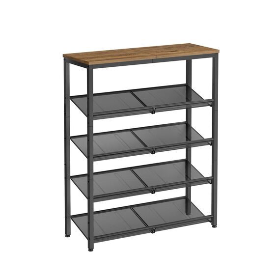 VASAGLE Schuhregal, Schuhablage, 5 Ebenen, große Oberfläche, verstellbare Gitterablagen, platzsparend für Eingangsbereich Flur, Metall, Industrie-Stil, honigbraun-tintenschwarz LBS038K01