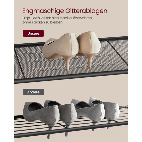 VASAGLE Schuhregal, Schuhablage mit 4 Gitterebenen und großzügiger Oberfläche für Taschen, für den Eingangsbereich, Flur, Metall, Industrie-Design, honigbraun-tintenschwarz LBS015K01