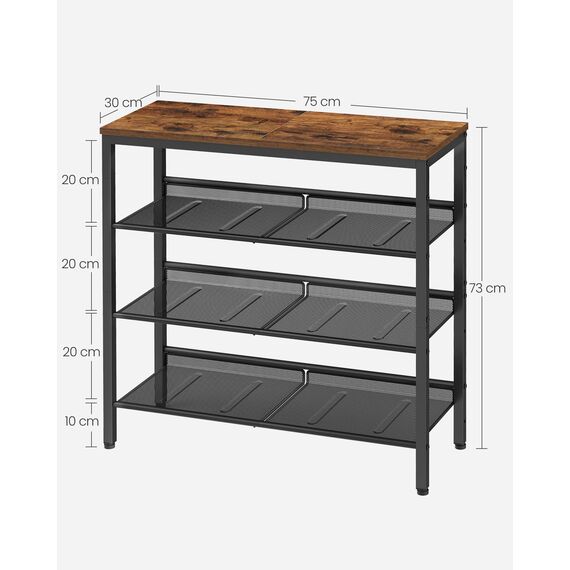 VASAGLE Schuhregal, Schuhablage, 4 Ebenen, große Oberfläche, verstellbare Gitterablagen, platzsparend für Eingangsbereich Flur, Metall, Industrie-Stil, vintagebraun-tintenschwarz LBS040B01