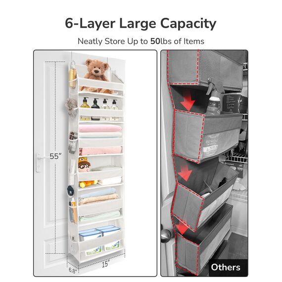ULG 2 Pack Over The Door Organizer with 6 Large Pockets 12 Side Pockets, 50lbs Weight Capacity Door Hanging Organizer for Bedroom, Bathroom, Pantry, Nursery Storage, Beige