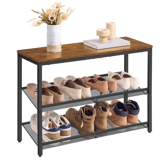 VASAGLE Schuhregal, Schuhablage, 3 Ebenen, große Oberfläche, verstellbare Gitterablagen, platzsparend für Eingangsbereich Flur, Metall, Industrie-Stil, vintagebraun-tintenschwarz LBS043KD01