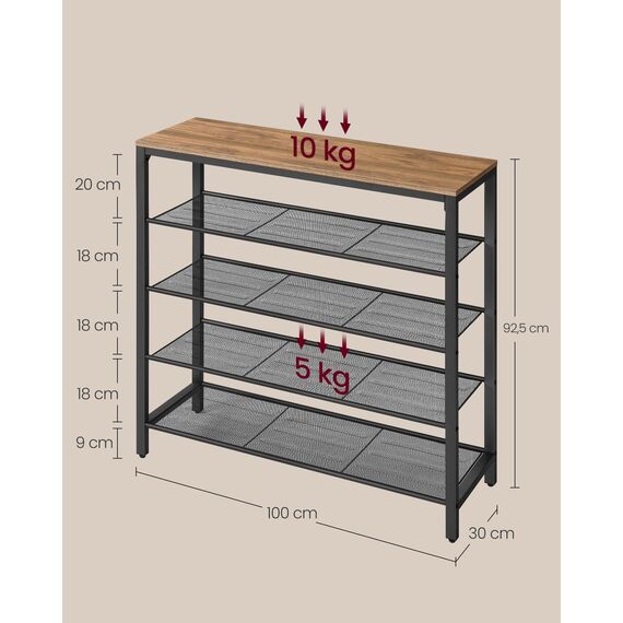 VASAGLE Schuhregal, Schuhablage mit 4 Gitterebenen und großzügiger Oberfläche für Taschen, für den Eingangsbereich, Flur, Metall, Industrie-Design, honigbraun-tintenschwarz LBS015K01