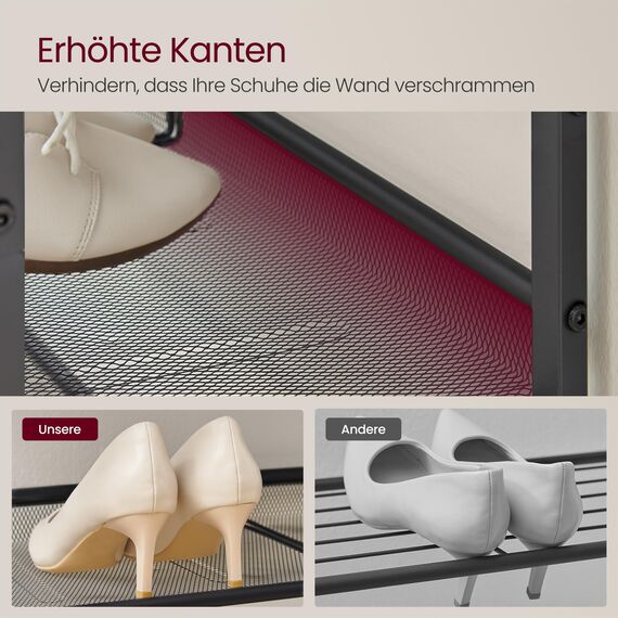 VASAGLE Schuhregal, Schuhablage, 4 Ebenen, große Oberfläche, verstellbare Gitterablagen, platzsparend für Eingangsbereich Flur, Metall, Industrie-Stil, honigbraun-tintenschwarz LBS040K01