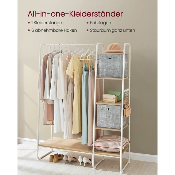 VASAGLE Kleiderständer, Garderobenständer, 45 x 120 x 160 cm Garderobe, Kleiderstange, Schuhablage, offener Kleiderschrank, 6 Haken abnehmbar, Schlafzimmer Flur, eichenfarben-mattweiß RGR116W09