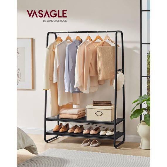 VASAGLE Kleiderständer, Garderobenständer, Garderobe, 2 Ablagen, 6 Haken in S-Form, Stahlgestell, 45 x 100 x 160 cm, für Schlafzimmer, Flur, Eingangsbereich, ebenholzschwarz-mattschwarz RGR112B03