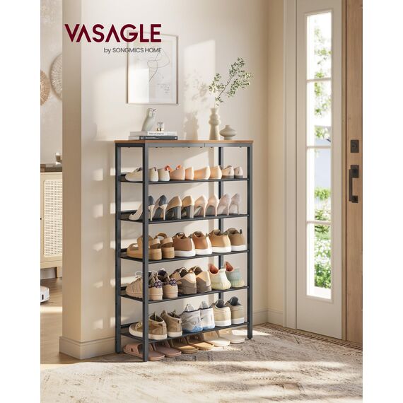 VASAGLE Schuhregal, Schuhablage, 6 Ebenen, große Oberfläche, verstellbare Gitterablagen, platzsparend für Eingangsbereich Flur, Metall, Industrie-Stil, vintagebraun-tintenschwarz LBS044KD01