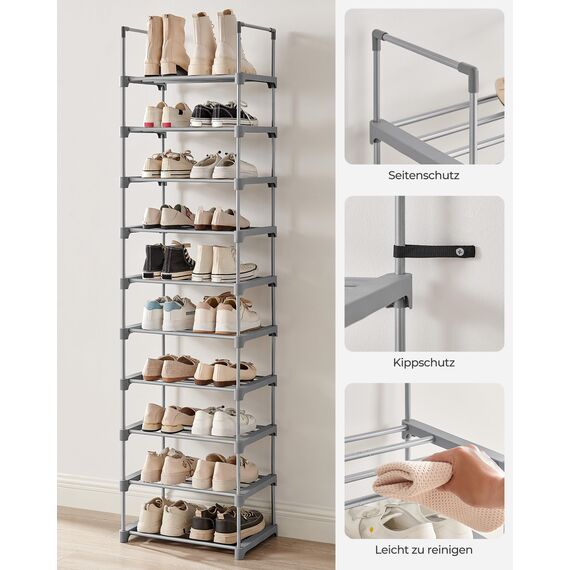 SONGMICS Schuhregal mit 10 Ebenen, offener Schuhschrank hoch, Schuhständer schmal, Schuhaufbewahrung, aus Metall, platzsparend, für Ankleidezimmer, Flur, 30 x 45 x 174 cm, grau LSA025G02