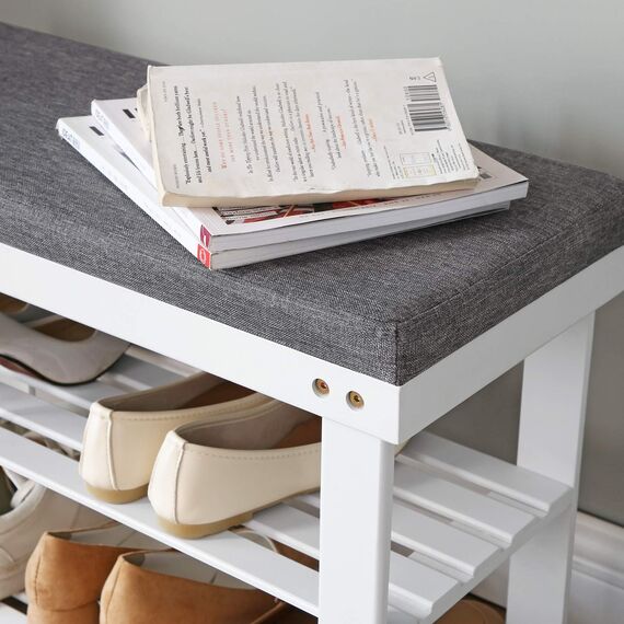 SONGMICS Schuhbank aus Bambus, Schuhregal mit 2 Ebenen, stabil, für Eingangsbereich, Wohnzimmer, Traglast 150 kg, 71 x 29 x 49 cm, Weiß und Grau LBS604W01
