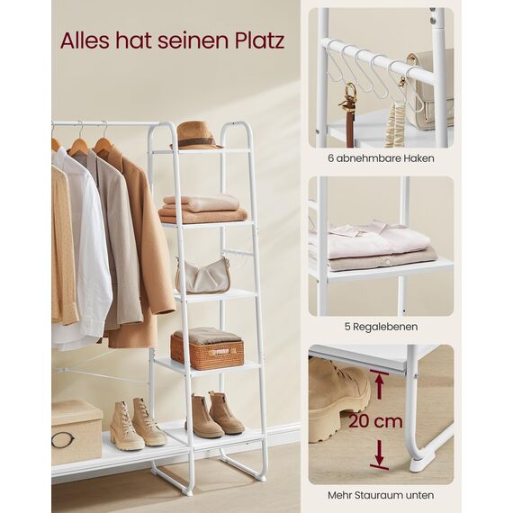 VASAGLE Kleiderständer, Garderobenständer, 45 x 120 x 160 cm Garderobe, Kleiderstange, Schuhablage, offener Kleiderschrank, 6 Haken abnehmbar, Schlafzimmer Flur, wolkenweiß-mattweiß RGR116W02