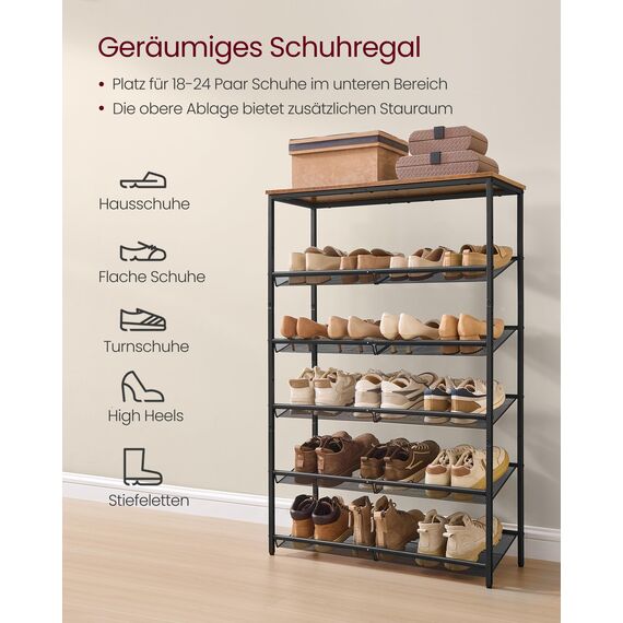 VASAGLE Schuhregal, Schuhablage, 6 Ebenen, große Oberfläche, verstellbare Gitterablagen, platzsparend für Eingangsbereich Flur, Metall, Industrie-Stil, vintagebraun-tintenschwarz LBS044KD01