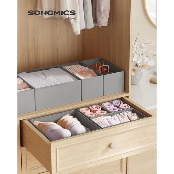 SONGMICS Aufbewahrungsbox für Schublade, 12er Set, Schubladen Organizer, Faltbox, Unterwäsche Organizer, Stoffbox für Socken, Unterwäsche, BHs, Krawatten und Schals, taubengrau RDZ006G02