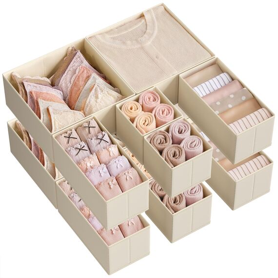 SONGMICS Aufbewahrungsbox für Schublade, 12er Set, Schubladen Organizer, Faltbox, Unterwäsche Organizer, Stoffbox für Socken, Unterwäsche, BHs, Krawatten und Schals, sandbeige RDZ006Y02
