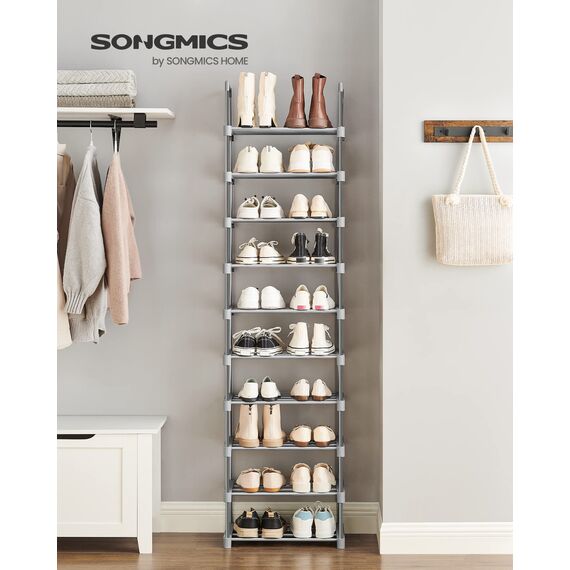 SONGMICS Schuhregal mit 10 Ebenen, offener Schuhschrank hoch, Schuhständer schmal, Schuhaufbewahrung, aus Metall, platzsparend, für Ankleidezimmer, Flur, 30 x 45 x 174 cm, grau LSA025G02