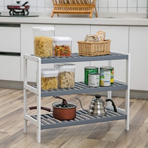 SONGMICS Schuhregal aus Bambus, Schuhablage mit 3 Ebenen, Schuh-Organizer, Regal für Schuhe, Pflanzen, Bücher, Wohnzimmer, Flur, Schlafzimmer, Badezimmer, 26 x 70 x 55 cm, weiß-grau LBS03WG