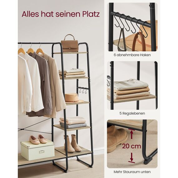 VASAGLE Kleiderständer, Garderobenständer, 45 x 120 x 160 cm Garderobe, Kleiderstange, Schuhablage, offener Kleiderschrank, 6 Haken abnehmbar, Schlafzimmer Flur, türkisbraun-Mattschwarz RGR116K01