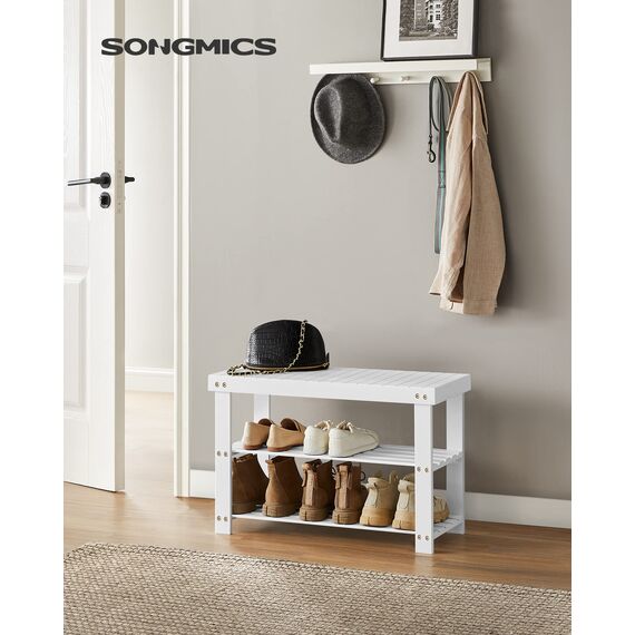 SONGMICS Schuhbank, Schuhregal mit 3 Ebenen, Schuhablage aus Bambus, bis 130 kg belastbar, 28,7 x 70,1 x 45,3 cm, für Flur, Badezimmer, Schlafzimmer, weiß LBS004W01
