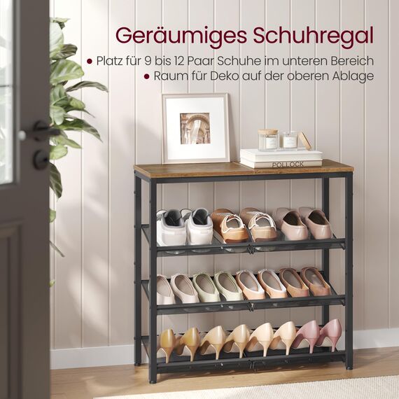 VASAGLE Schuhregal, Schuhablage, 4 Ebenen, große Oberfläche, verstellbare Gitterablagen, platzsparend für Eingangsbereich Flur, Metall, Industrie-Stil, honigbraun-tintenschwarz LBS040K01